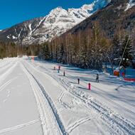 Large piste de ski nordique où des élèves apprennent à skier auprès d'un professeur